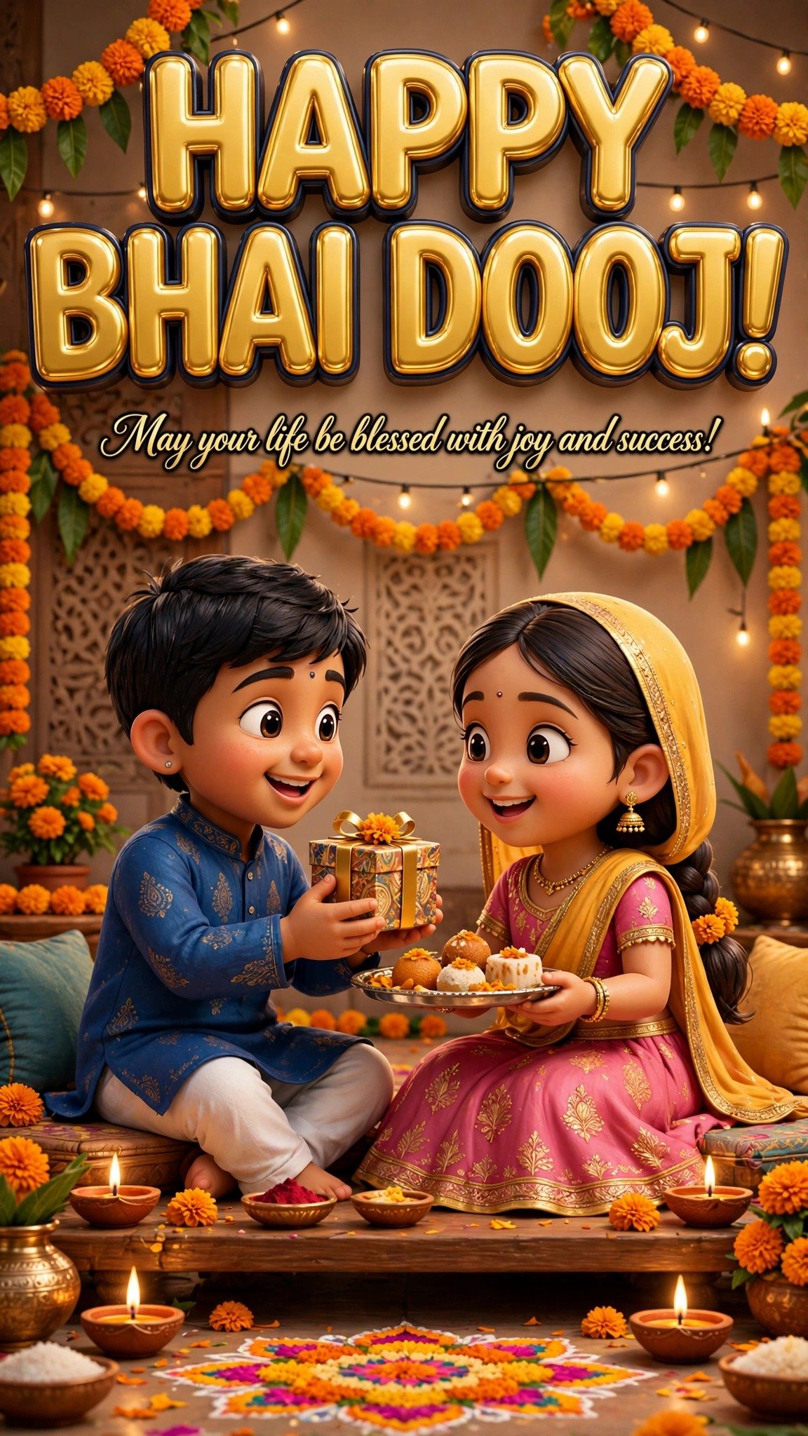 Happy Bhai Dooj vertical image — May your life be blessed with joy and success
