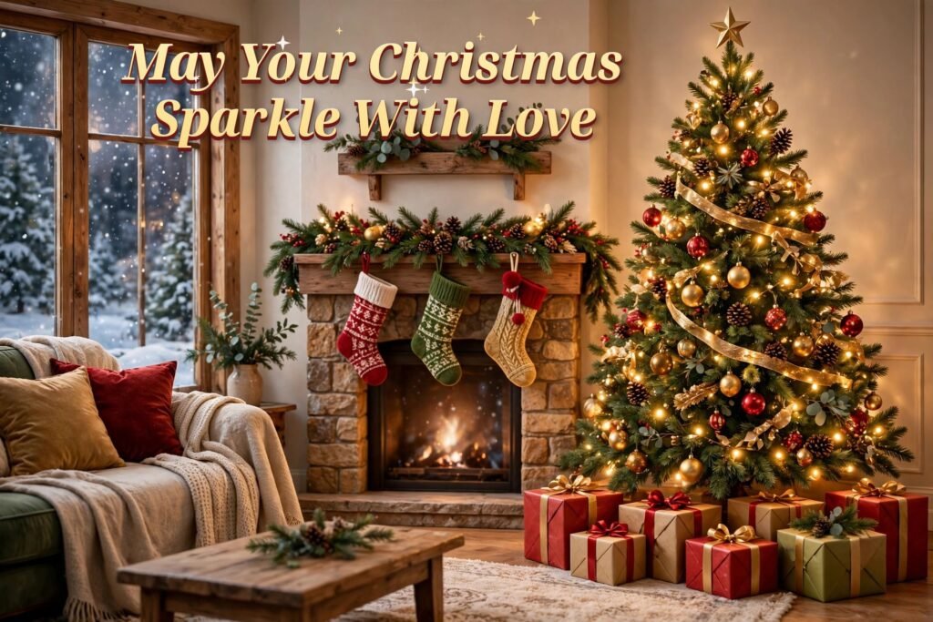 Christmas quote — May Your Christmas Sparkle With Love, cozy fireplace with stockings and a decorated tree
