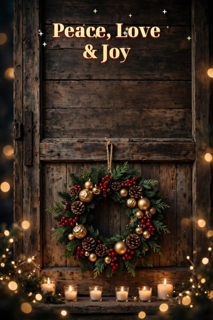 Christmas wishes — Peace, Love & Joy, Christmas wreath with gold ornaments and candles