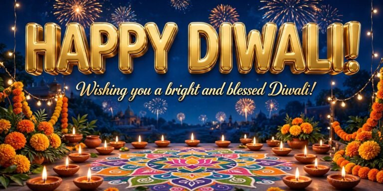 Happy Diwali wishes — Happy Diwali image with diyas and rangoli