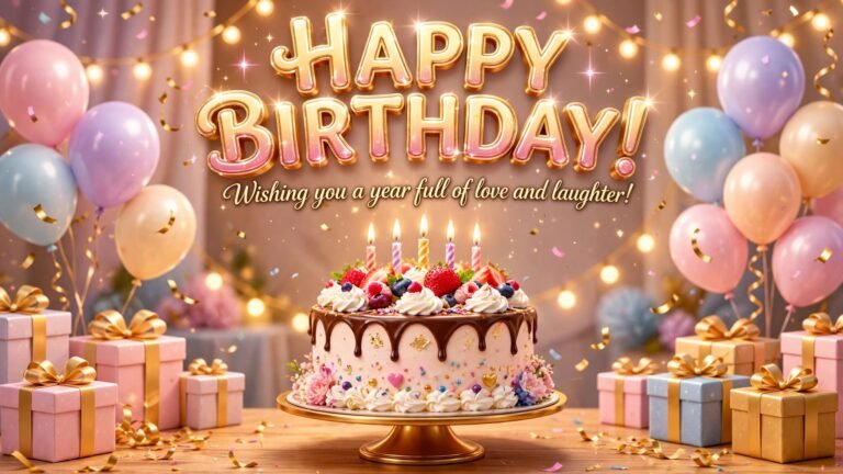 Engaging Birthday Wishes — Happy Birthday image with cake and balloons