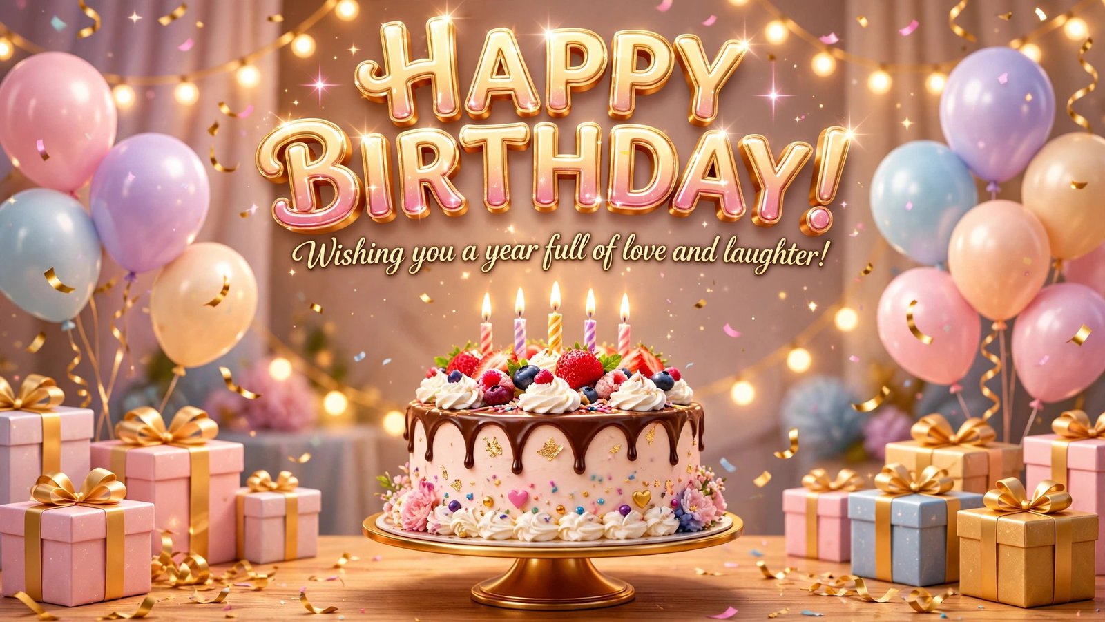 Engaging Birthday Wishes — Happy Birthday image with cake and balloons