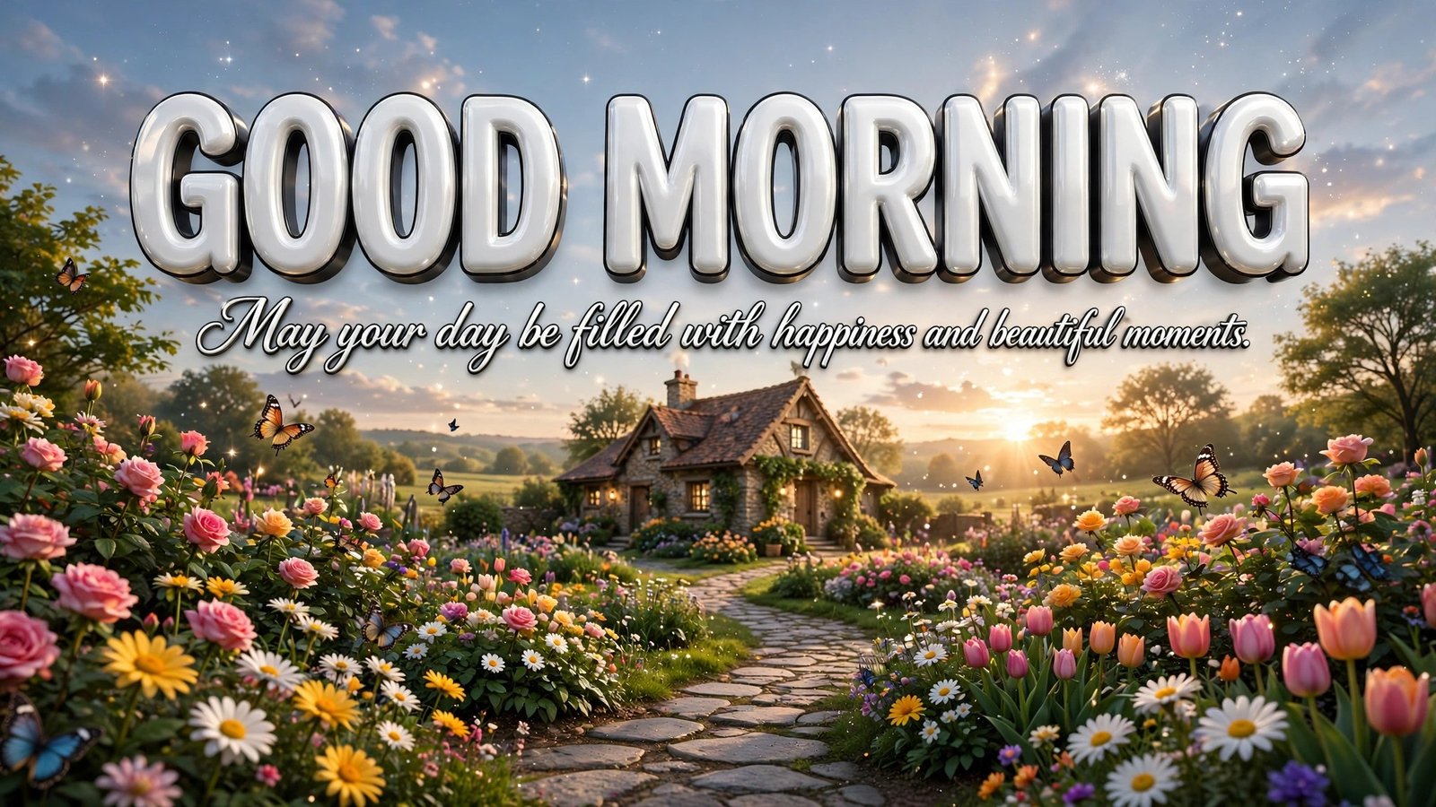 Good Morning 3D image — glossy 3D Good Morning text over a sunrise flower garden cottage, May your day be filled with happiness and beautiful moments