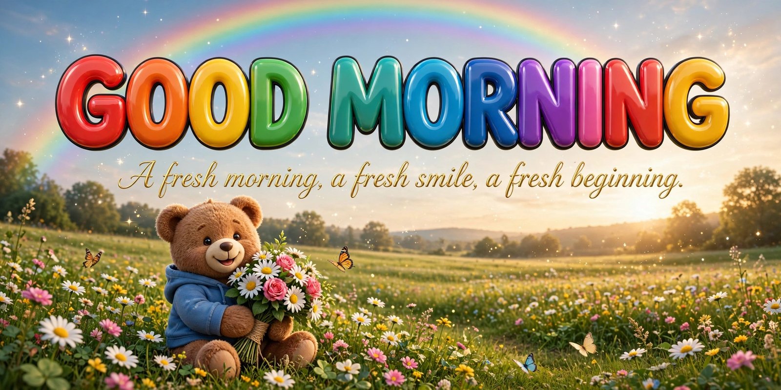 Good Morning 3D image — rainbow 3D Good Morning letters with a teddy bear in a flower meadow, A fresh morning, a fresh smile, a fresh beginning
