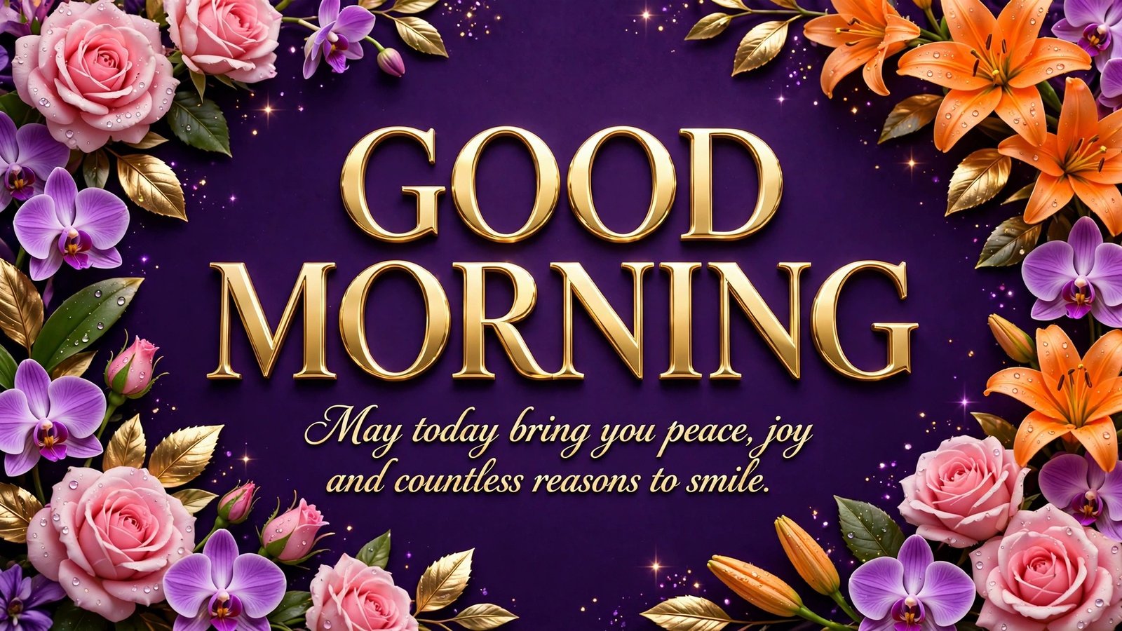 Good Morning 3D image — gold 3D Good Morning letters in a floral frame of roses, lilies and orchids, May today bring you peace, joy and countless reasons to smile
