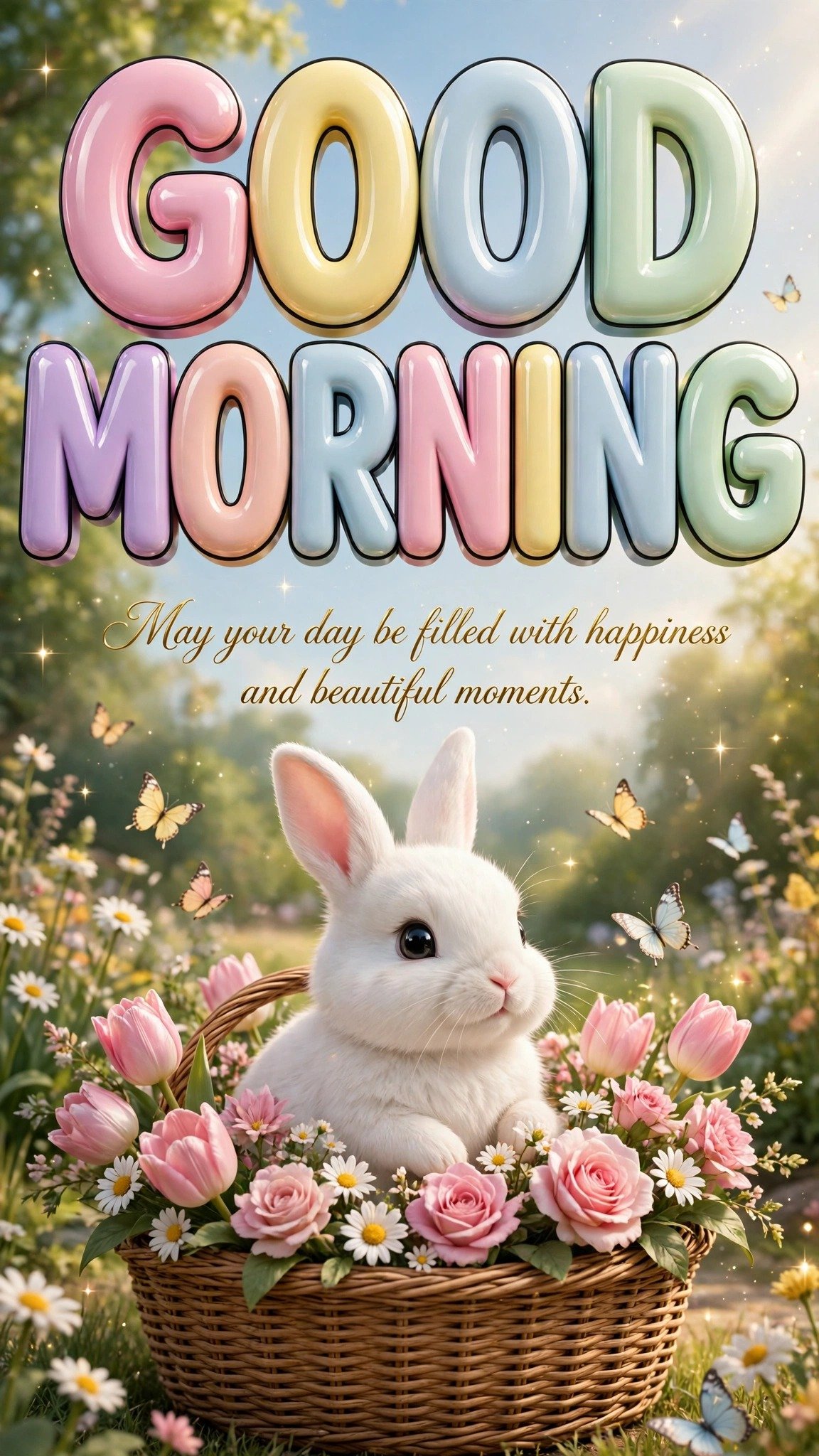 Good Morning 3D image — pastel 3D Good Morning letters with a white bunny in a flower basket, May your day be filled with happiness and beautiful moments