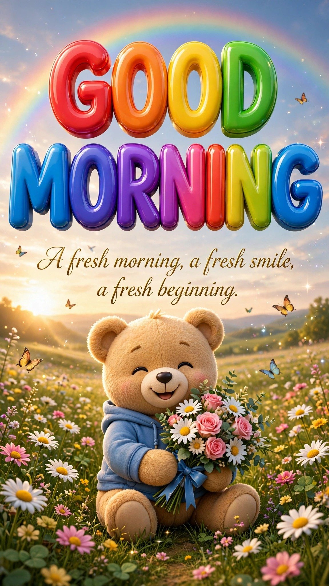 Good Morning 3D image — rainbow 3D Good Morning letters with a smiling teddy bear holding flowers, A fresh morning, a fresh smile, a fresh beginning