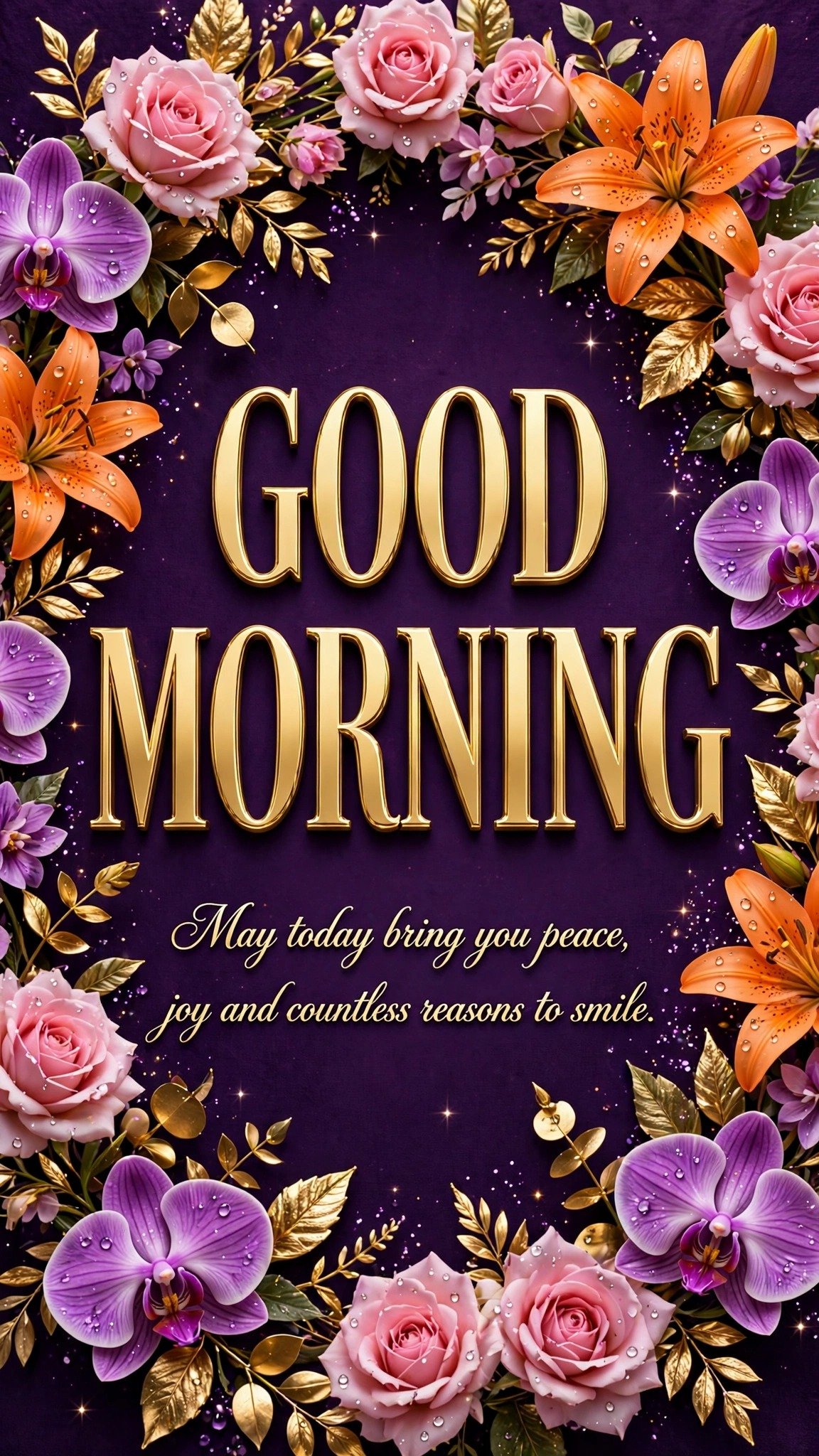 Good Morning 3D image — gold 3D Good Morning letters in a floral frame, May today bring you peace, joy and countless reasons to smile