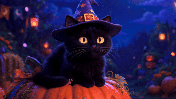 Black cat with witch hat Halloween GIF