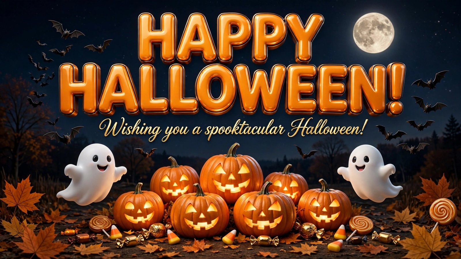 Happy Halloween wishes — Happy Halloween image with pumpkins and ghosts