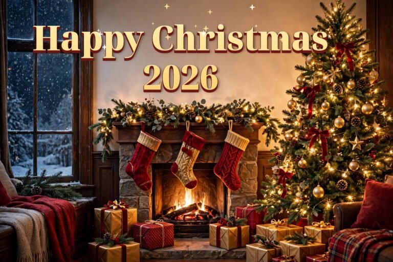 Happy Christmas 2026 — elegant 3D gold text with Christmas tree, fireplace, stockings and gifts