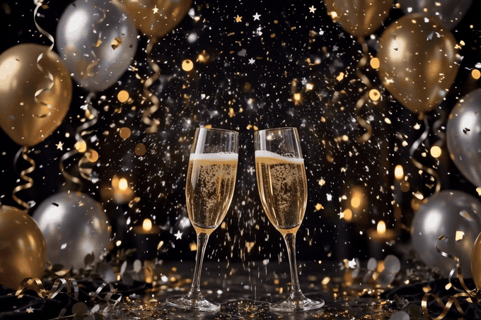 Happy New Year 2027 GIF — champagne glasses cheers with golden sparkles, Cheers to 2027 animated greeting