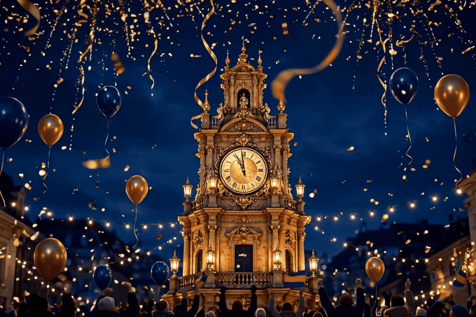 Happy New Year 2027 countdown GIF — golden clock tower at midnight with balloons and confetti, The Countdown Begins