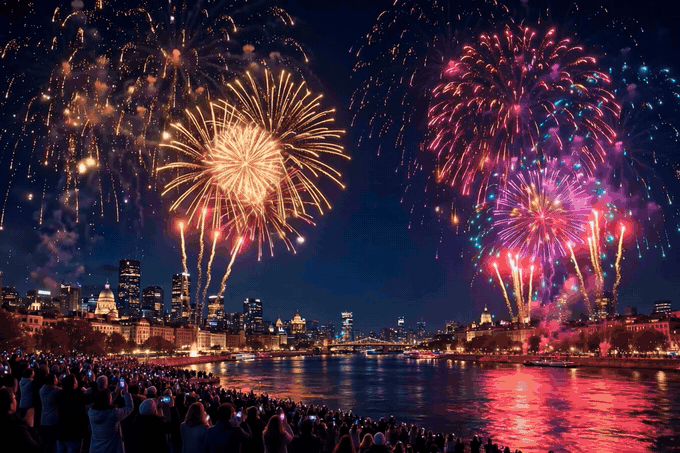 Happy New Year 2027 GIF — animated fireworks with golden Happy New Year 2027 text over a city skyline