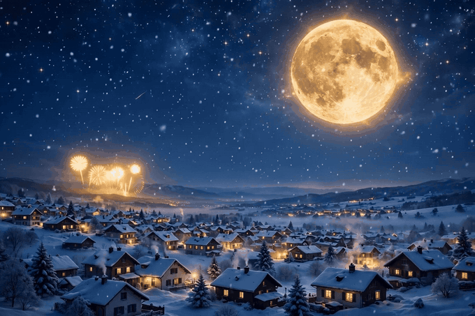 Happy New Year 2027 GIF with wishes — golden moon and sparkling stars over a snowy town, Hello 2027