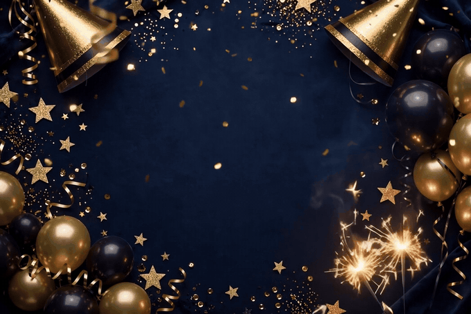 Happy New Year 2027 GIF — gold party hats, sparklers and balloons, New Year New Dreams animated image
