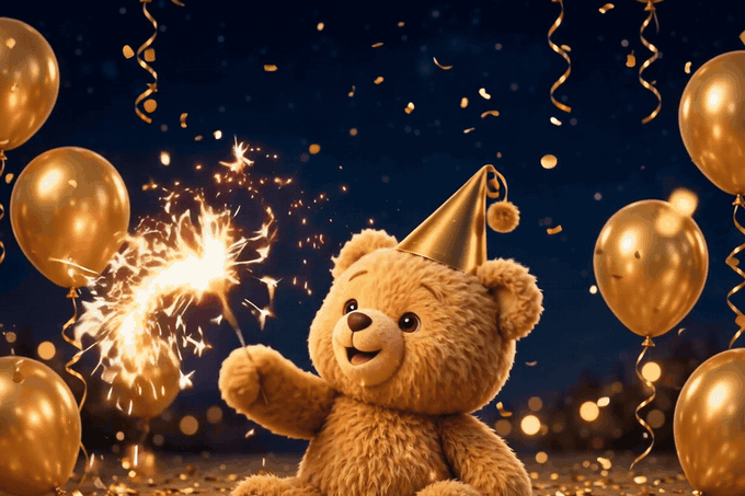 Cute Happy New Year 2027 GIF — teddy bear with party hat and sparkler, A Sparkling New Year animated image