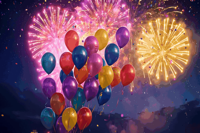 Happy New Year 2027 fireworks GIF — colourful balloons rising under pink fireworks, golden Happy New Year 2027 text