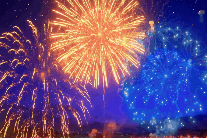 Happy New Year 2027 fireworks GIF — blue and gold fireworks with falling golden confetti, golden Happy New Year 2027 text