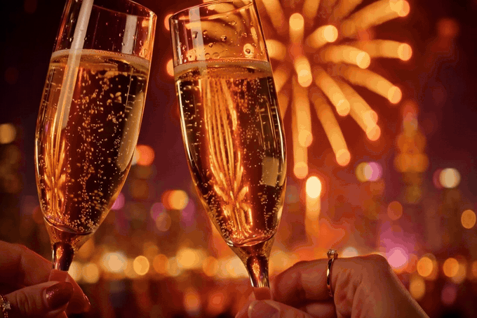 Happy New Year 2027 fireworks GIF — champagne glasses toast with fireworks and festive bokeh lights, golden Happy New Year 2027 text