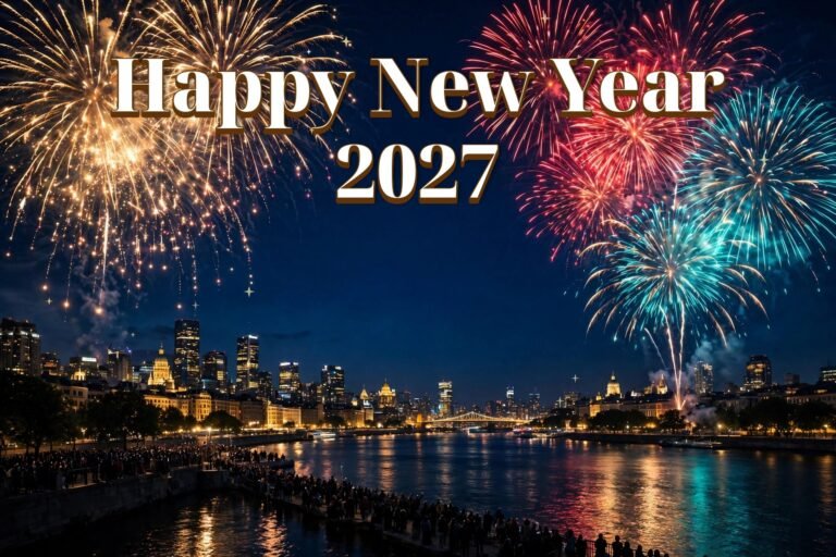 Happy New Year 2027 — elegant 3D gold text with fireworks over a city skyline at midnight