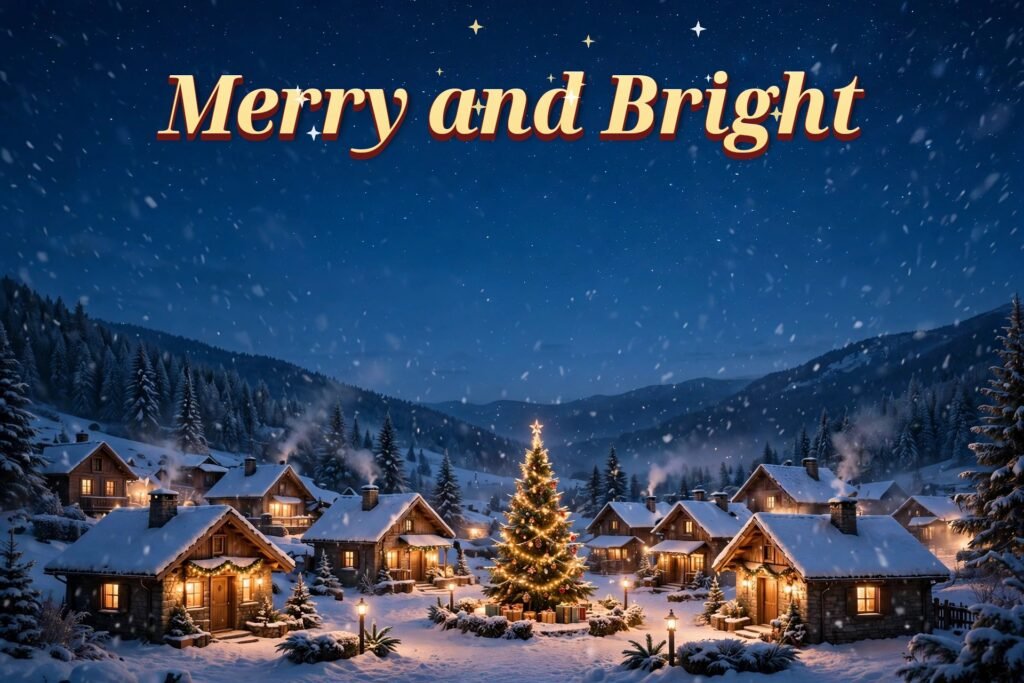 Merry Christmas wishes — Merry and Bright, snowy Christmas village at night with a glowing tree