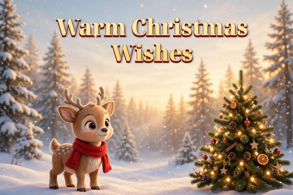 Warm Christmas wishes — cute baby reindeer with a red scarf beside a Christmas tree in the snow